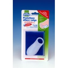 PROTETTORE ALLUCE VALGO REALIZZATO IN GEL DI SILICONE BIANCOSEMITRASPARENTE SAGOMATO PER AVVOLGERE LA PARTE DOLENTE E SENSIBILE